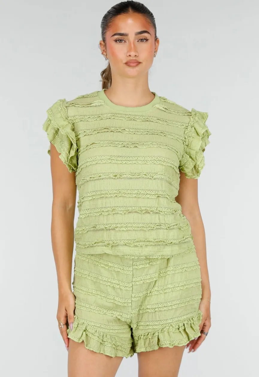 Lichtgroene Two Piece Set met Ruches en Shorts