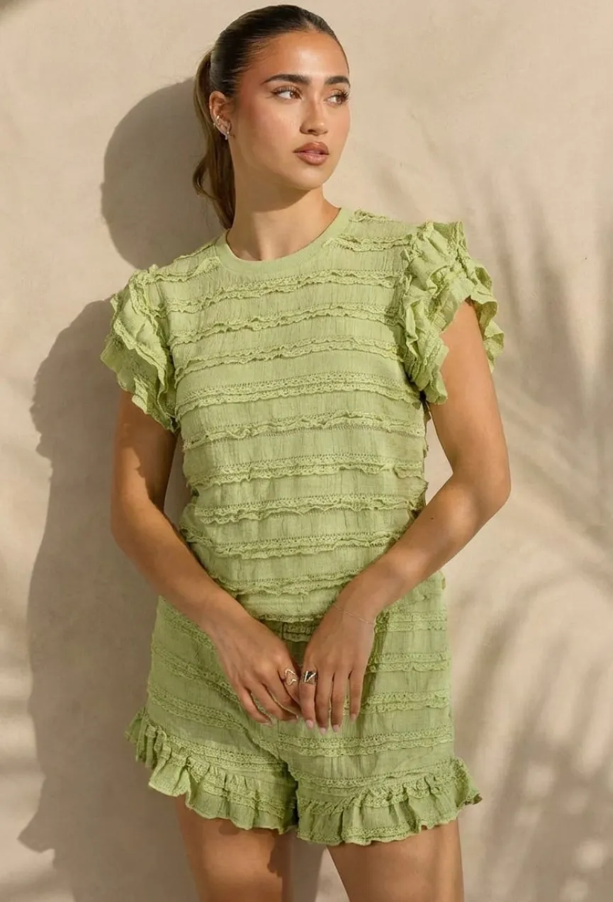 Lichtgroene Two Piece Set met Ruches en Shorts