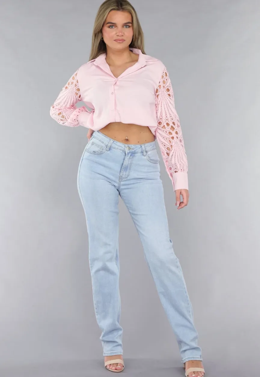 Lichtroze Blouse met Gehaakte Pauwveer Patroon Mouwen