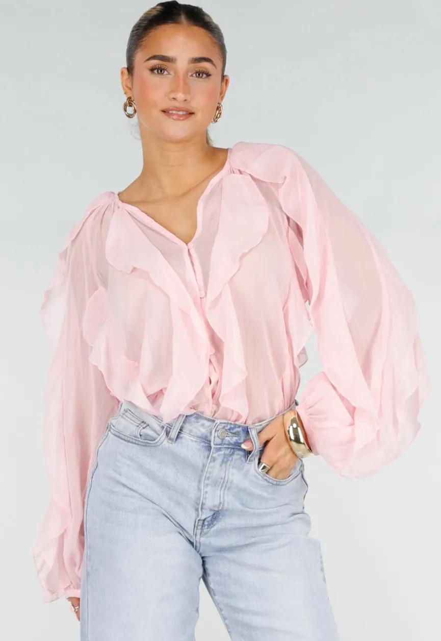 Lichtroze Chiffon Blouse met Ruffles Lange Mouwen en Knopen