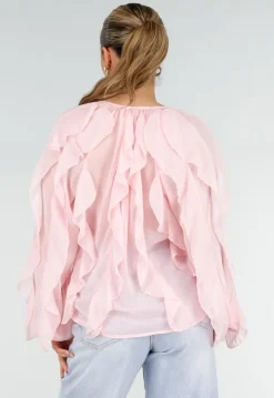 Lichtroze Chiffon Blouse met Ruffles Lange Mouwen en Knopen