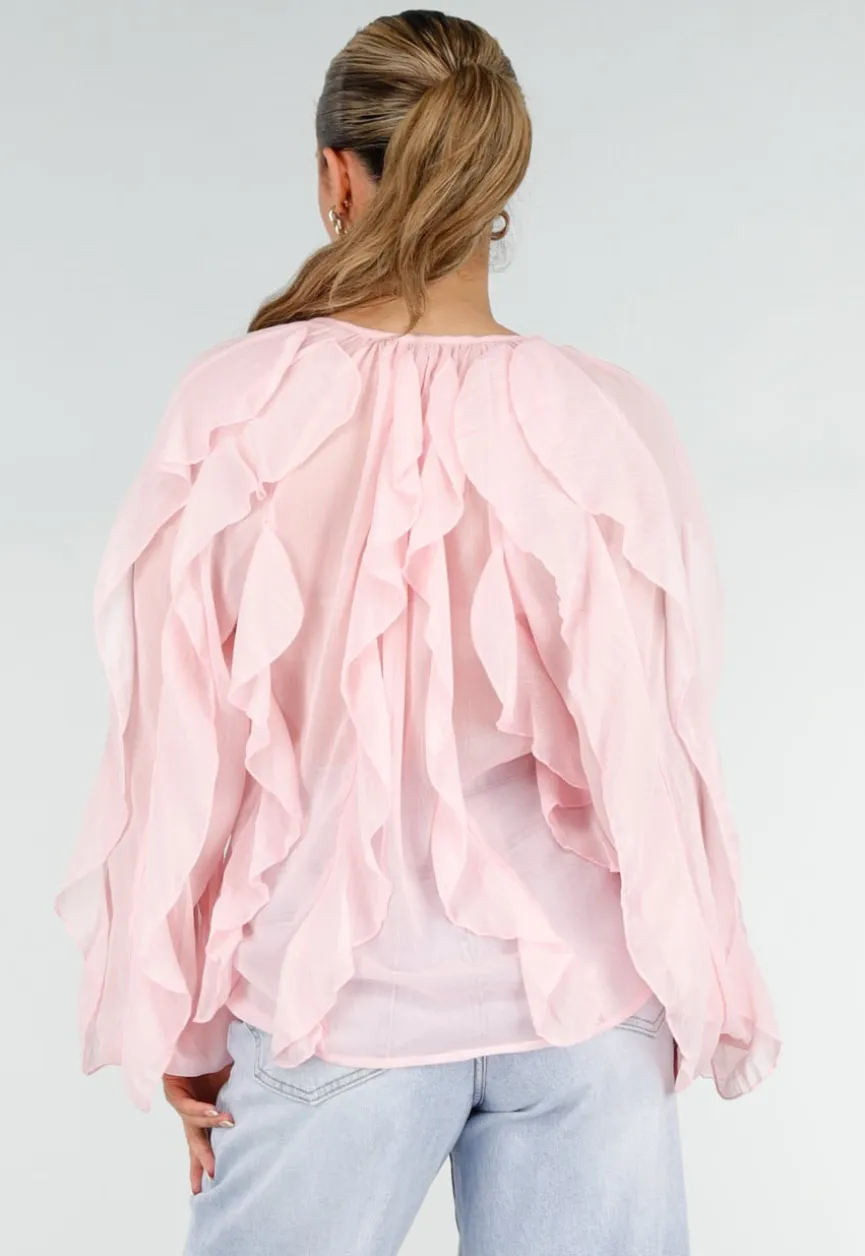 Lichtroze Chiffon Blouse met Ruffles Lange Mouwen en Knopen