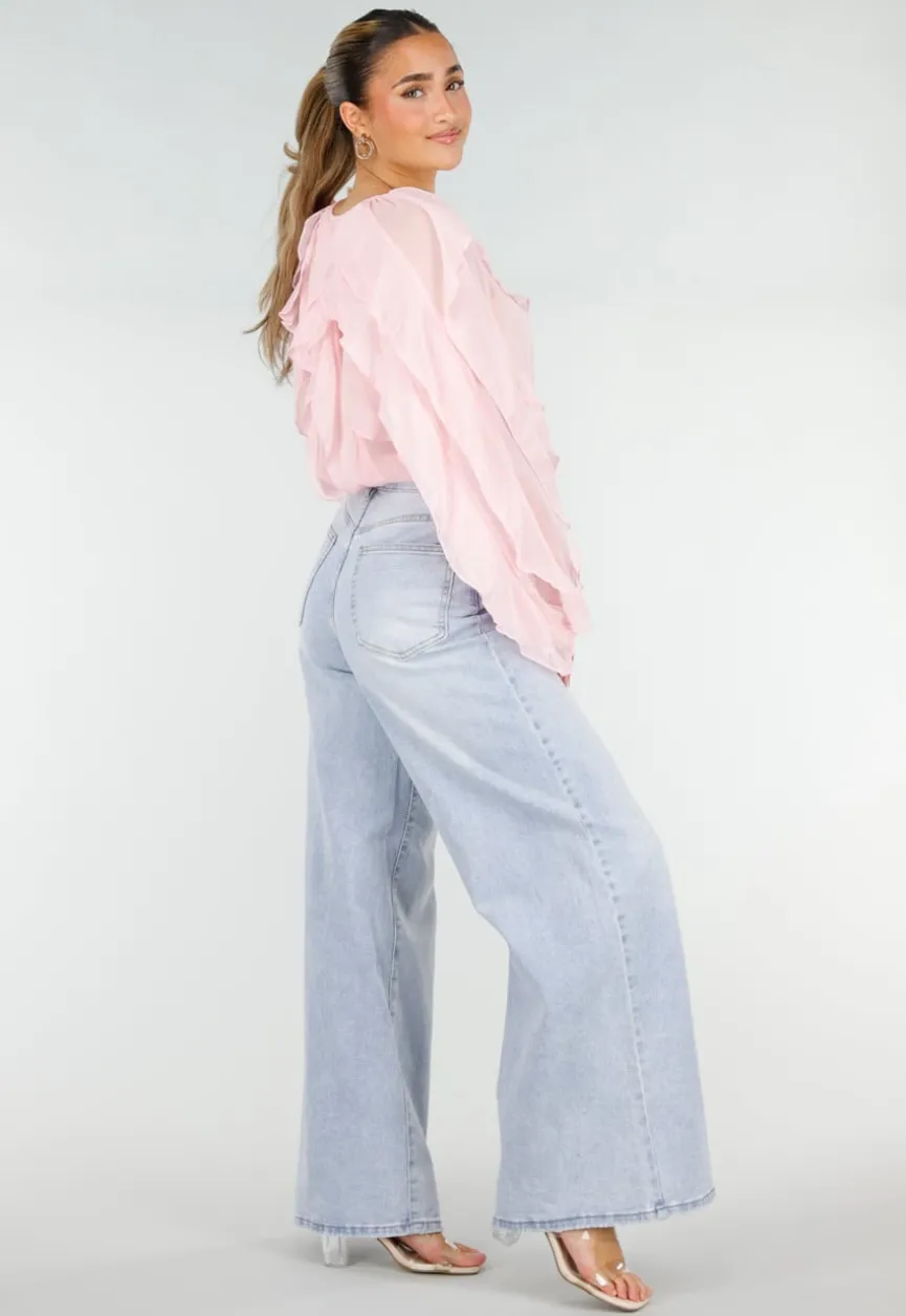 Lichtroze Chiffon Blouse met Ruffles Lange Mouwen en Knopen