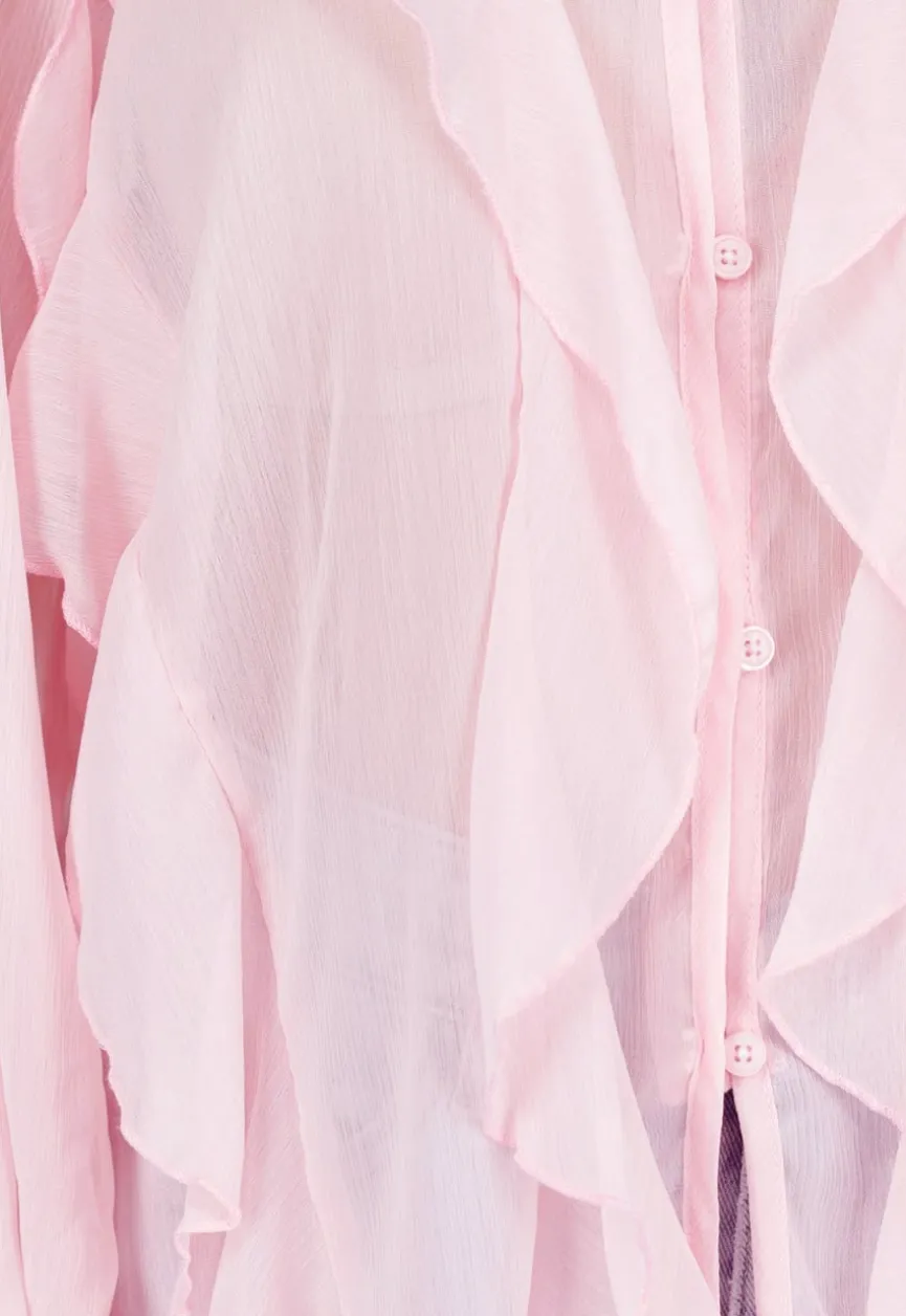 Lichtroze Chiffon Blouse met Ruffles Lange Mouwen en Knopen