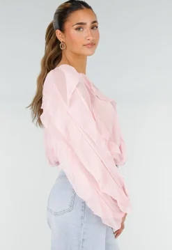 Lichtroze Chiffon Blouse met Ruffles Lange Mouwen en Knopen