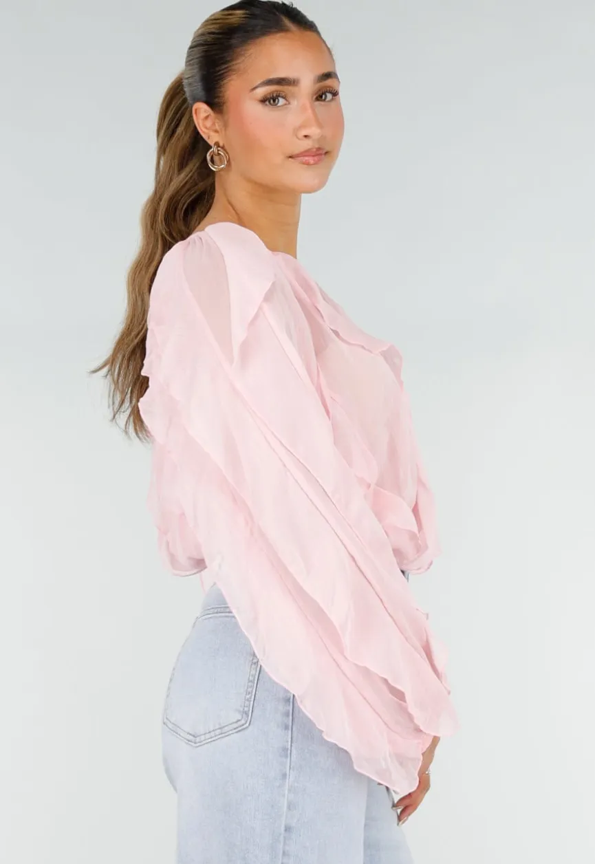 Lichtroze Chiffon Blouse met Ruffles Lange Mouwen en Knopen