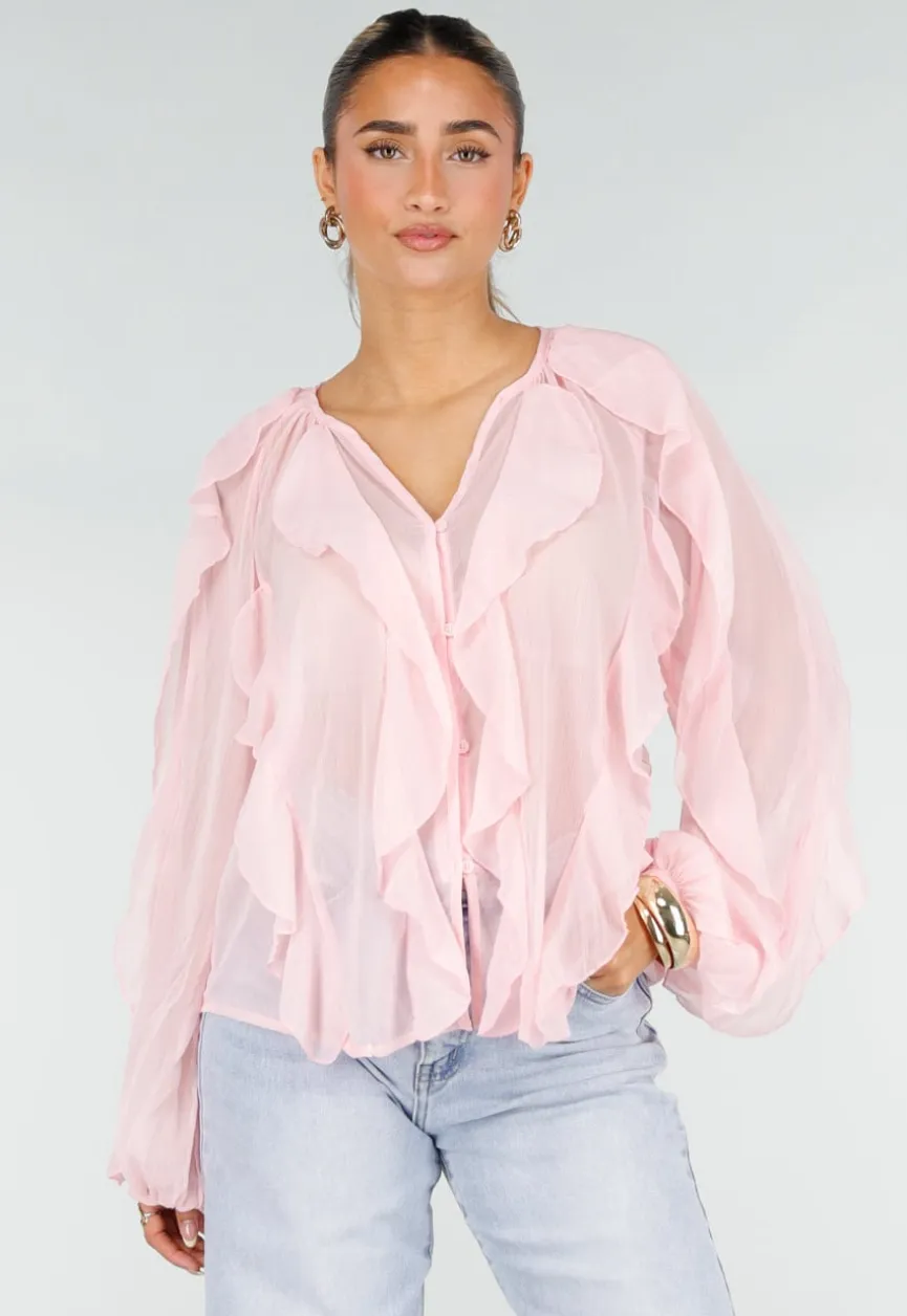 Lichtroze Chiffon Blouse met Ruffles Lange Mouwen en Knopen