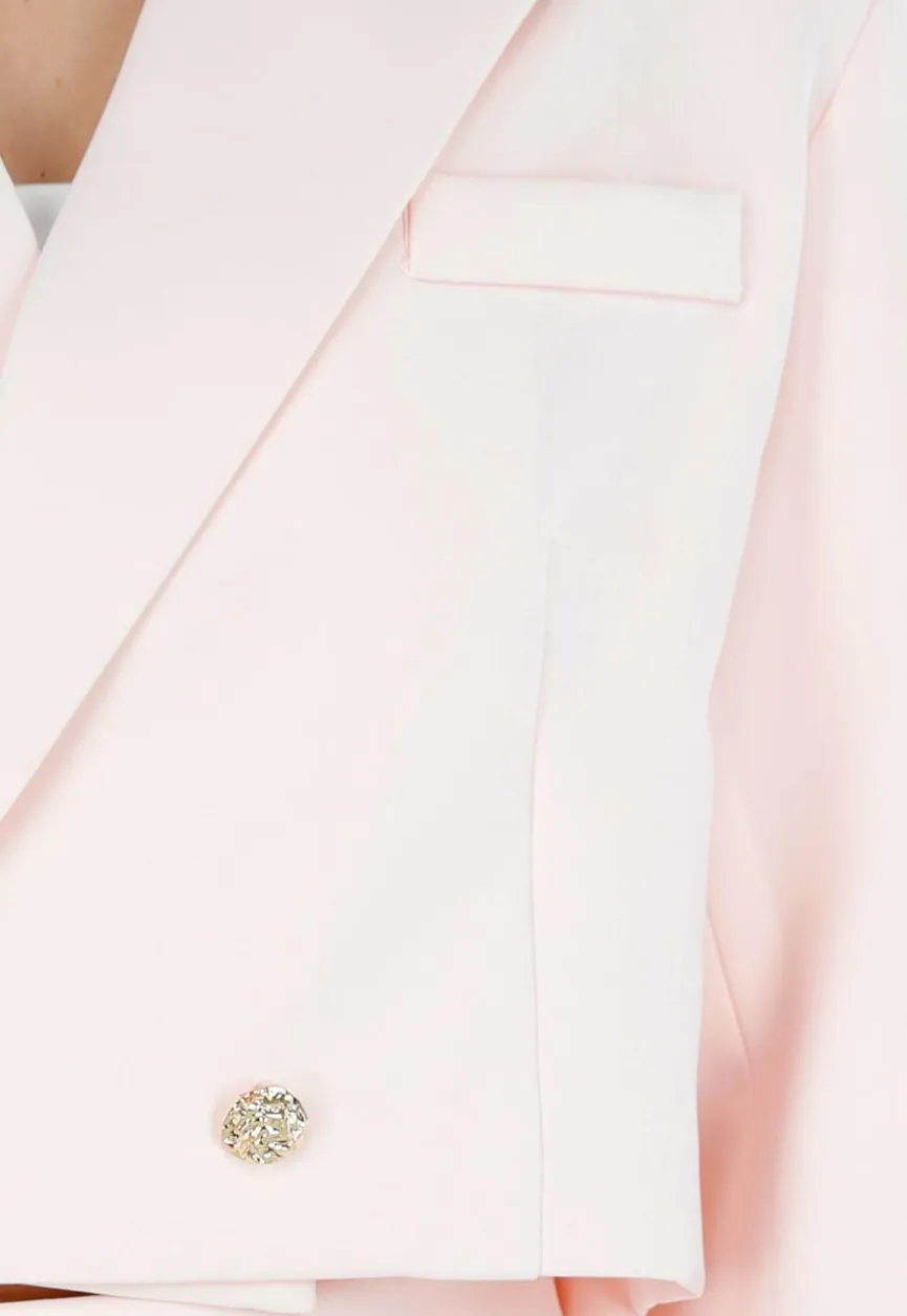 Lichtroze Cropped Blazer met Strass Knopen