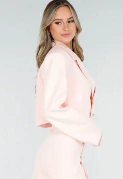 Lichtroze Cropped Blazer met Strass Knopen