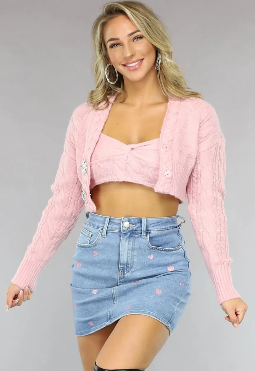 Lichtroze Cropped Vestje met Hartjes
