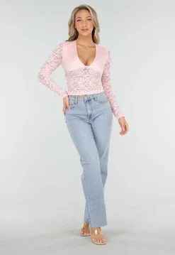 Lichtroze Crop Top met Kant en Lange Mouwen
