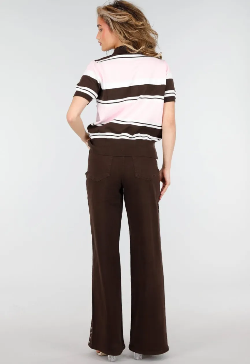 Lichtroze en Bruin Gestreepte Gebreide Polo Top met Stretch
