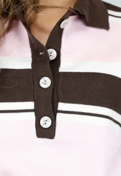 Lichtroze en Bruin Gestreepte Gebreide Polo Top met Stretch