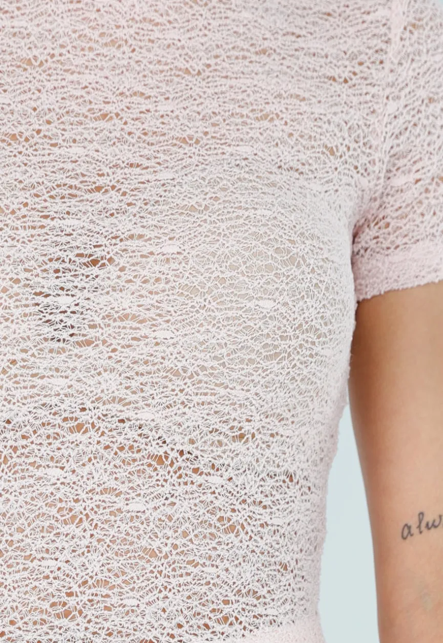 Lichtroze Gehaakte Stretch Top met Col en Korte Mouwen