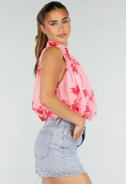 Lichtroze Halter Top met Fuchsia Bloemenprint