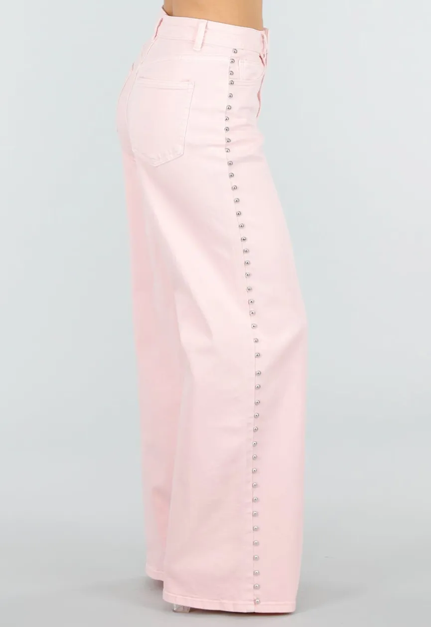 Lichtroze High Waist Wide Leg Jeans met Stud Details