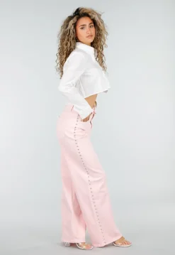 Lichtroze High Waist Wide Leg Jeans met Stud Details