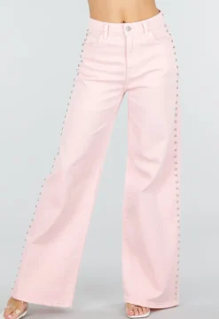 Lichtroze High Waist Wide Leg Jeans met Stud Details