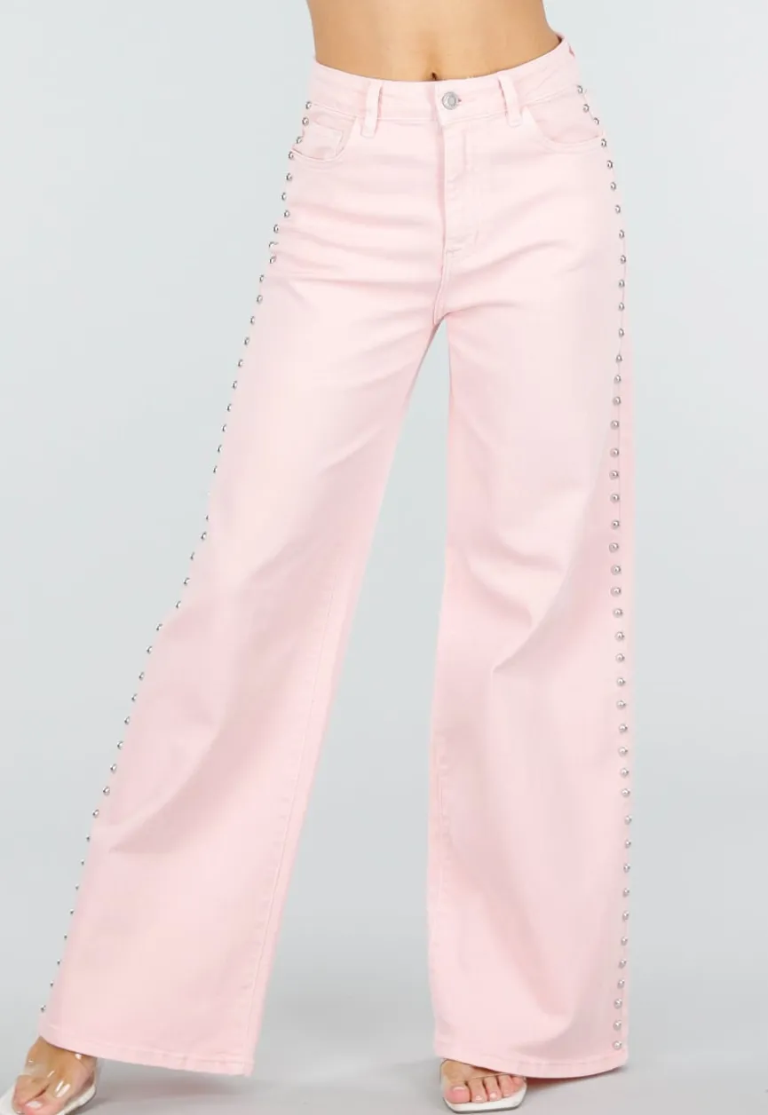 Lichtroze High Waist Wide Leg Jeans met Stud Details