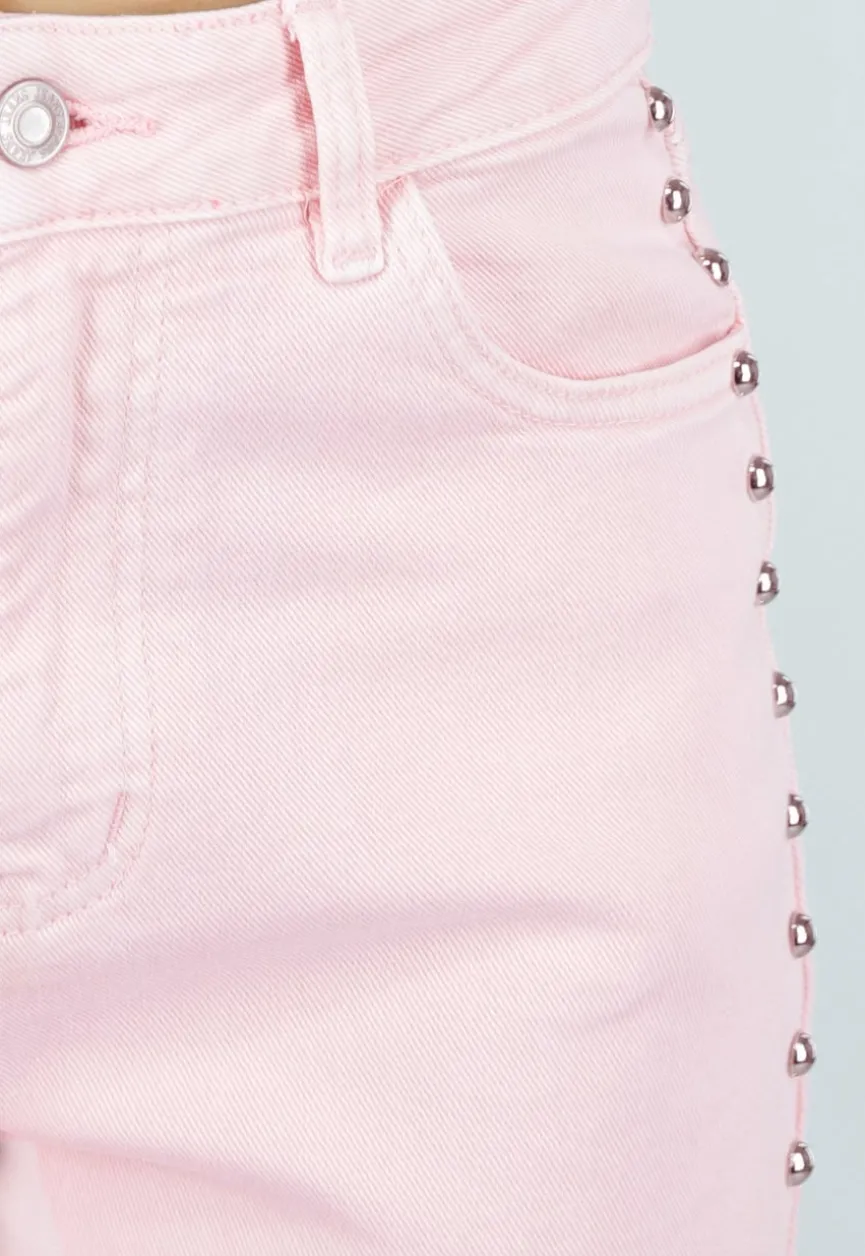 Lichtroze High Waist Wide Leg Jeans met Stud Details