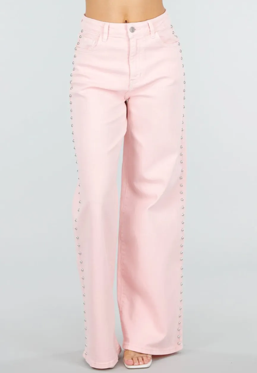 Lichtroze High Waist Wide Leg Jeans met Stud Details