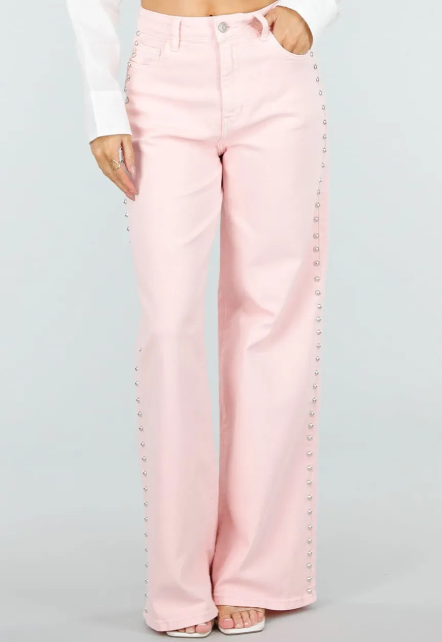 Lichtroze High Waist Wide Leg Jeans met Stud Details