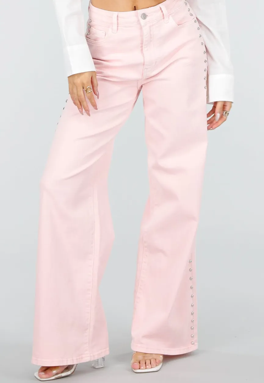 Lichtroze High Waist Wide Leg Jeans met Stud Details