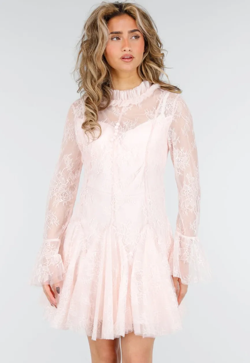 Lichtroze Kanten Jurk met Lange Mouwen