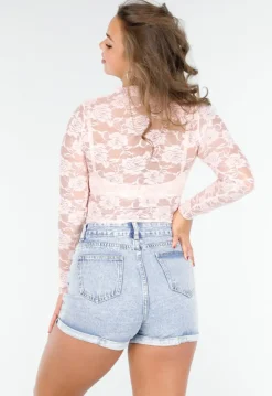 Lichtroze Kanten Langsleeve Crop Top met Mooie Rozenprint