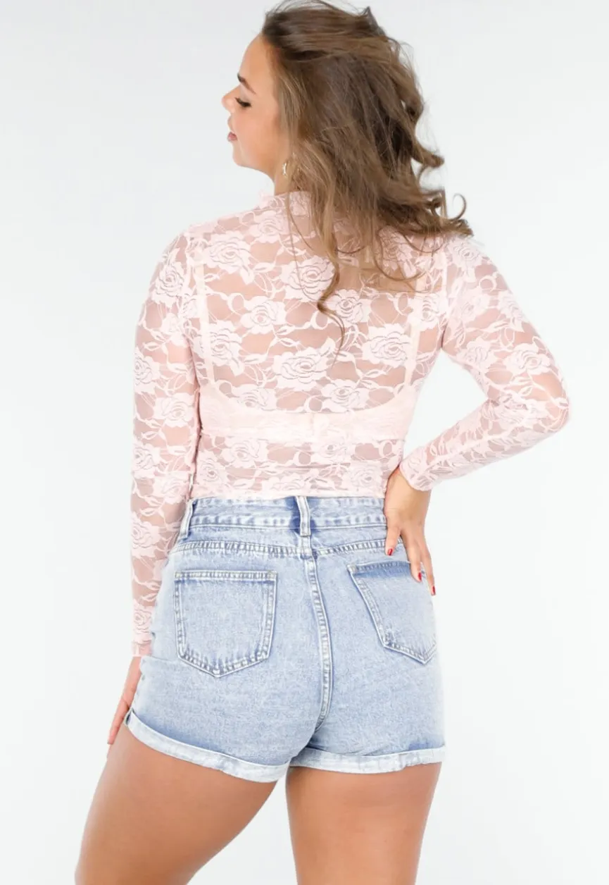 Lichtroze Kanten Langsleeve Crop Top met Mooie Rozenprint