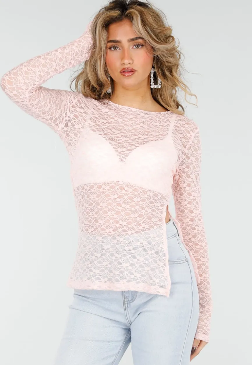 Lichtroze Kanten Top met Lange Mouwen met Stretch
