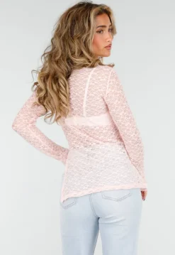 Lichtroze Kanten Top met Lange Mouwen met Stretch