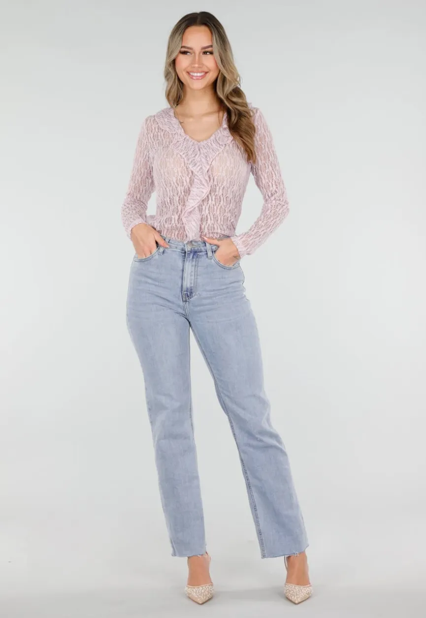 Lichtroze Kanten Top met Ruches en Stretch