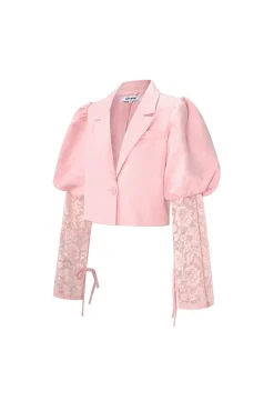 Lichtroze Korte Blazer met Kanten Mouwen en Pofmouwen