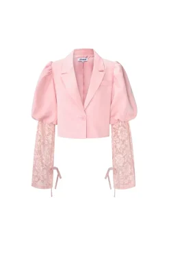 Lichtroze Korte Blazer met Kanten Mouwen en Pofmouwen