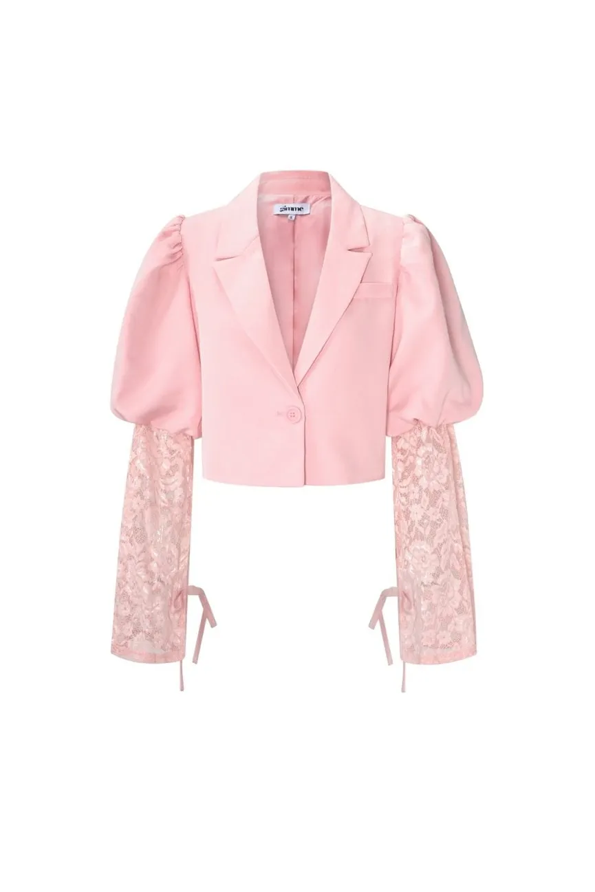 Lichtroze Korte Blazer met Kanten Mouwen en Pofmouwen