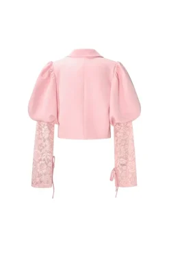 Lichtroze Korte Blazer met Kanten Mouwen en Pofmouwen