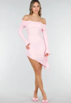 Lichtroze Korte Off Shoulder Bodycon Jurk met Stretch