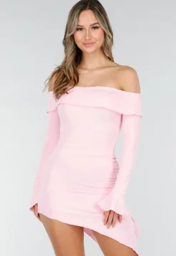 Lichtroze Korte Off Shoulder Bodycon Jurk met Stretch