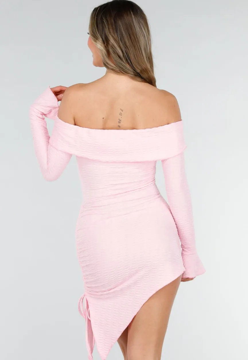 Lichtroze Korte Off Shoulder Bodycon Jurk met Stretch