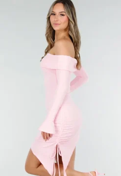 Lichtroze Korte Off Shoulder Bodycon Jurk met Stretch