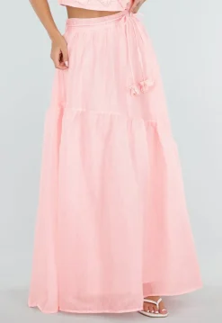 Lichtroze Maxi Rok met Strikceintuur en Volant