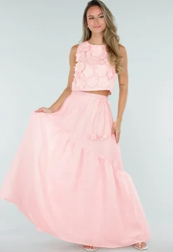 Lichtroze Maxi Rok met Strikceintuur en Volant