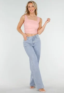 Lichtroze Mesh Off Shoulder Top met Drapé en Stretch