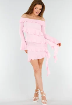 Lichtroze Off-Shoulder Jurk Met Volants en Lange Mouwen
