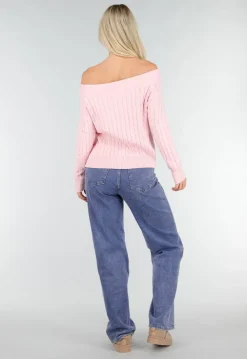 Lichtroze Off Shoulder Trui met Kabelpatroon en Brede Halsrand