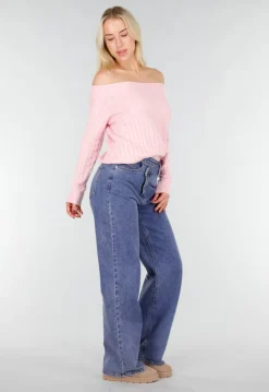 Lichtroze Off Shoulder Trui met Kabelpatroon en Brede Halsrand