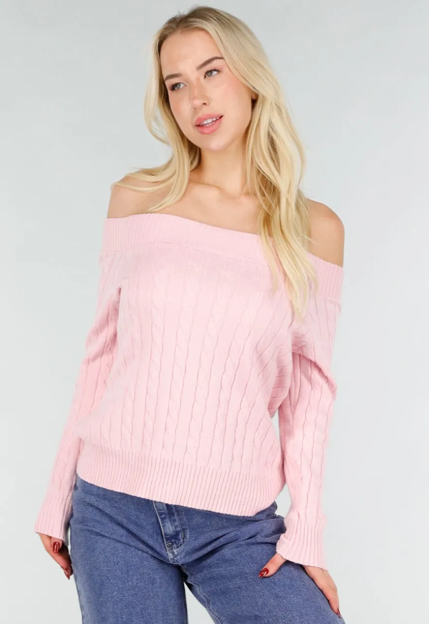 Lichtroze Off Shoulder Trui met Kabelpatroon en Brede Halsrand