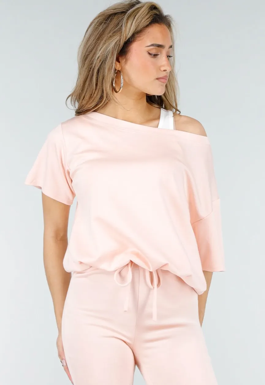 Lichtroze One Shoulder Top met Ingewerkte Top en Stretch