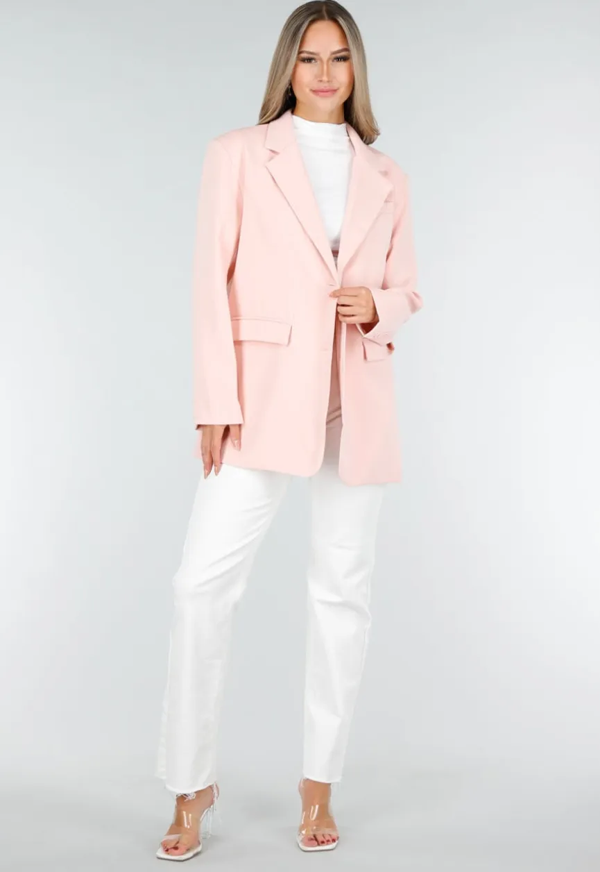Lichtroze Oversized Blazer met Knoopsluiting en Reverskraag